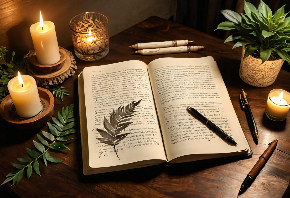 A beautifully designed digital journal on an elegant wooden desk, with a quill pen beside it and soft candlelight glowing in the background. Pages of the journal are partially open, revealing inspiring quotes and doodles. A serene indoor plant adds a touch of nature, enhancing the cozy atmosphere. Include a gentle glow around the journal to signify inspiration and reflection. painterly style. warm tones.