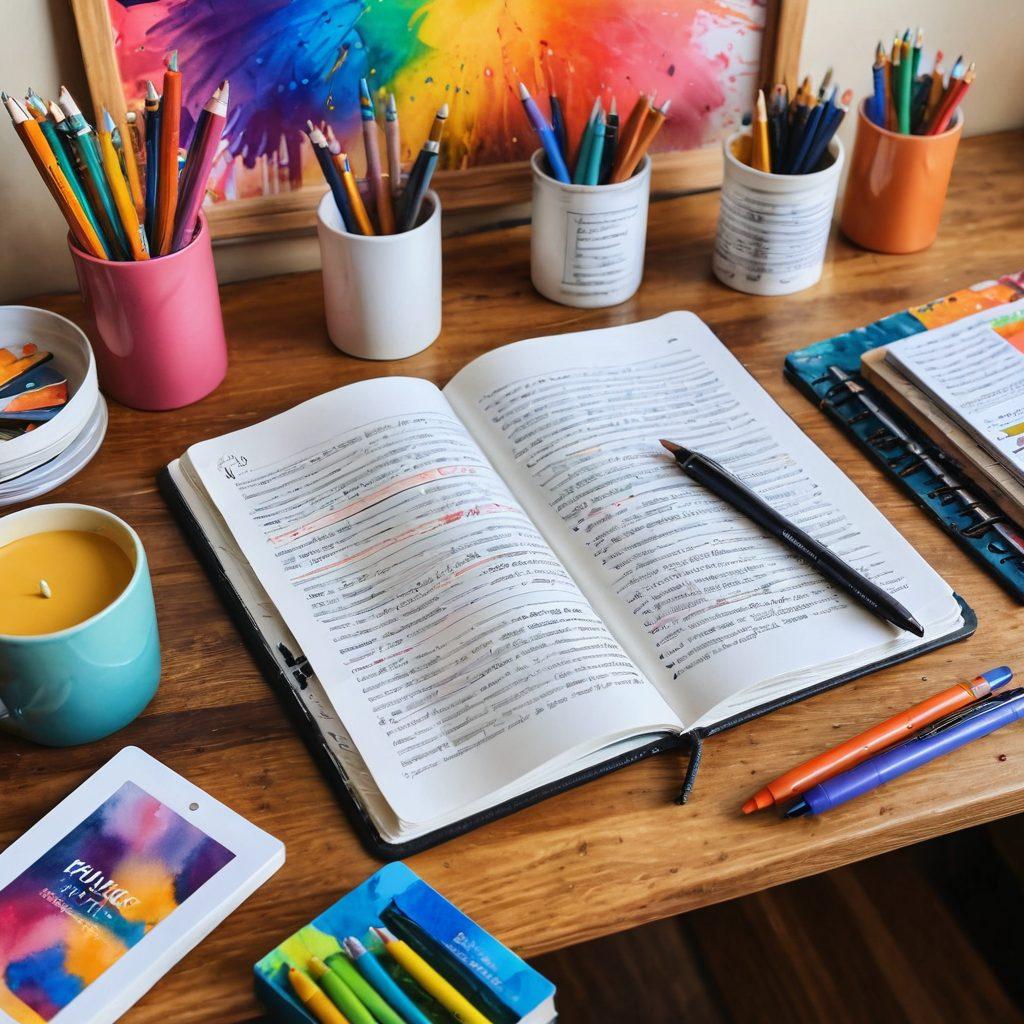 A beautifully designed digital diary open on a wooden desk, surrounded by vibrant art supplies like paints, sketchbooks, and colorful pens. The background features an inspiring wall filled with motivational quotes and abstract art, encapsulating the essence of creativity. Soft, warm lighting enhances the inviting atmosphere, creating a sense of exploration and imagination. super-realistic. vibrant colors. warm tones.