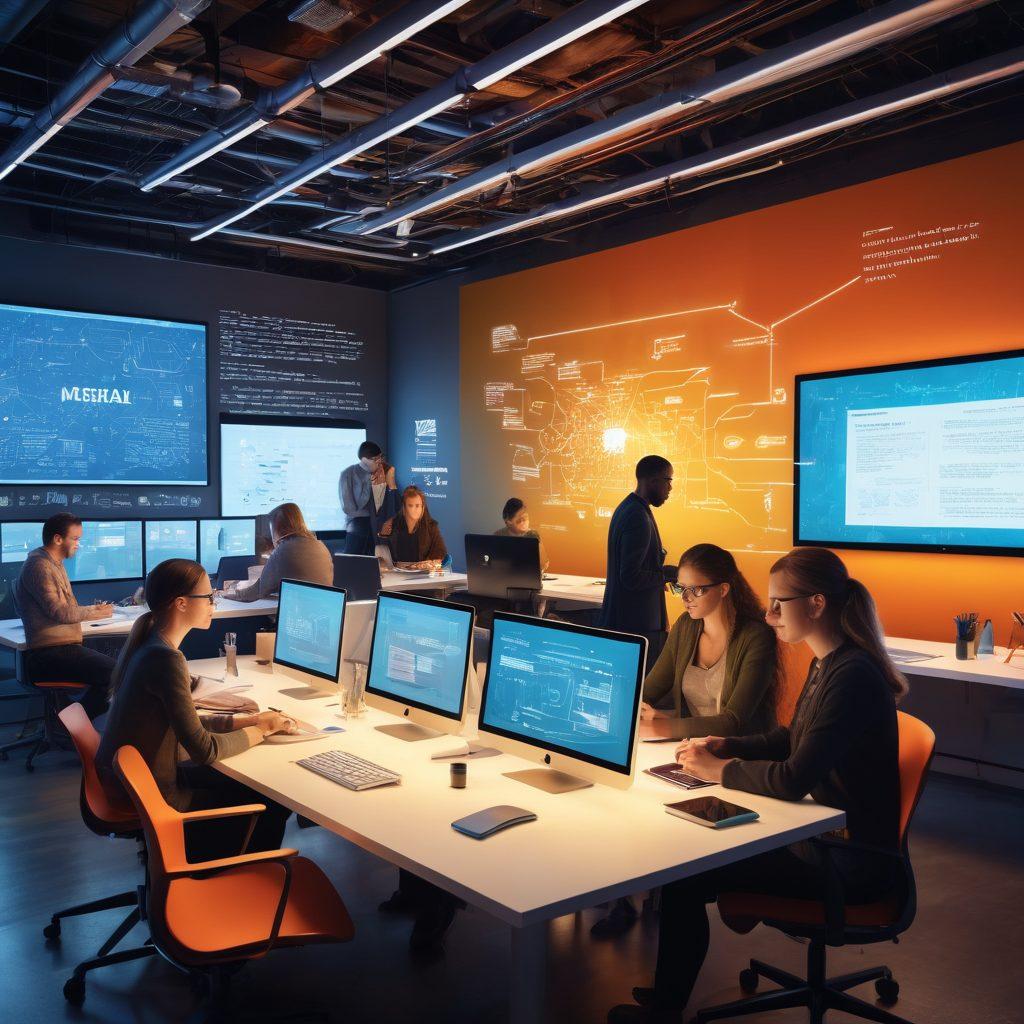 A diverse group of writers collaborating at a modern, high-tech workspace, surrounded by floating digital text and brainstorming elements. The environment is buzzing with creativity, showcasing screens with writing tools and vibrant graphs. Warm lighting enhances the atmosphere, signaling innovation and collaboration. Include XSXL logo subtly in the background. 3D, vibrant colors, super-realistic.